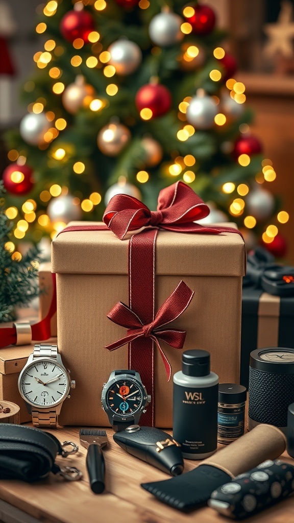 A collection of Christmas gift ideas for men, including a smartwatch, grooming kit, and accessories, with a festive backdrop.